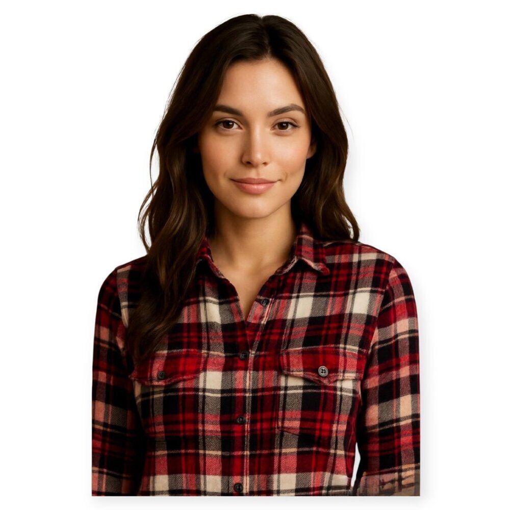 Roots Womens Striped Cotton Button Up Shirt Red White Navy Black Tan Small Maple
